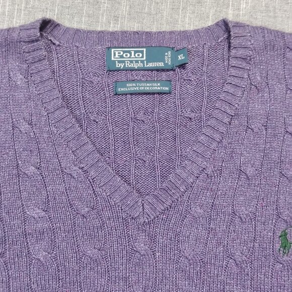 VINTAGE Polo Ralph Lauren Womens Purple Cable Kit Tussah Silk Sweater V-Neck - Picture 4 of 12